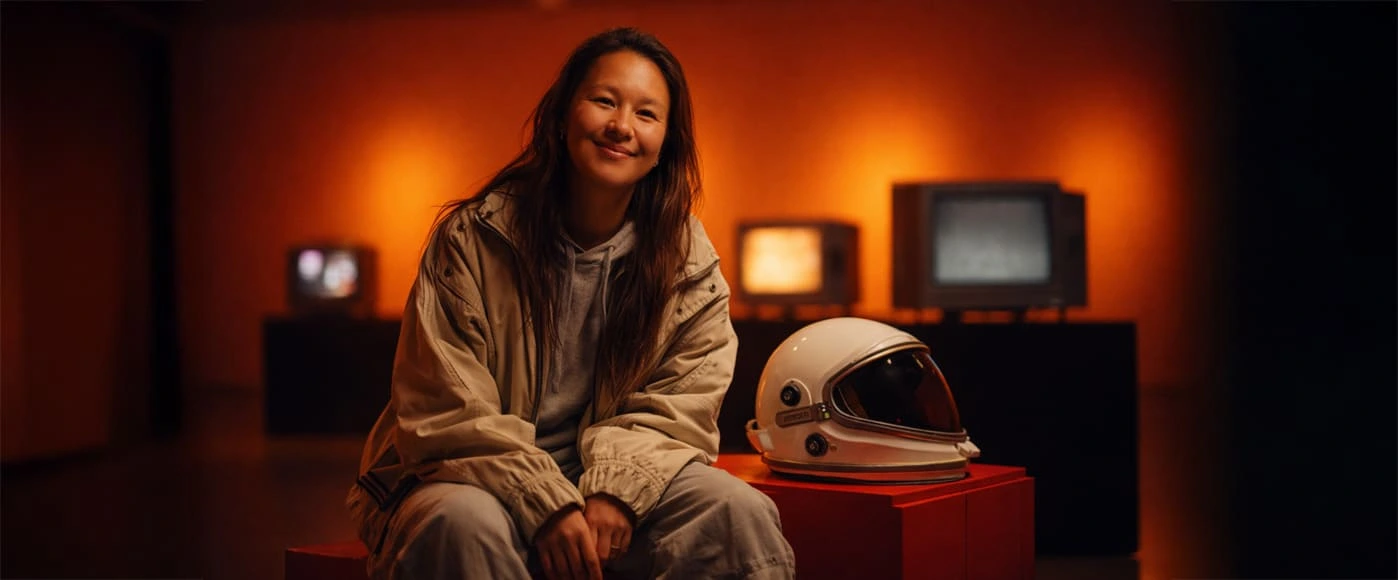 Executive Assistant Tanja mit Astronautenhelm
