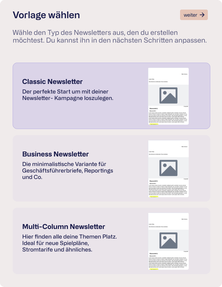 Produktscreen starmate User Interface: Vorlagenauswahl